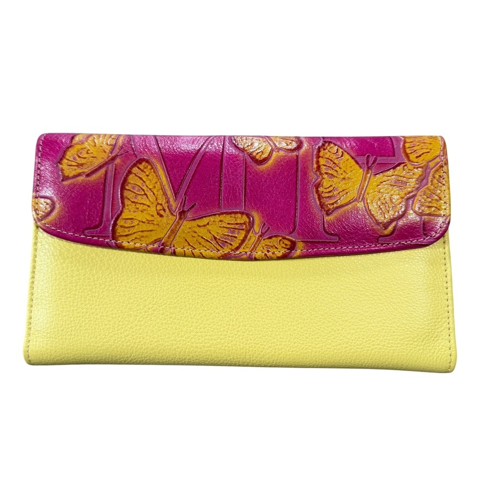 Mario Hernandez Leather Wallet Butterfly Embossed Pink Yellow Clutch Colombia
